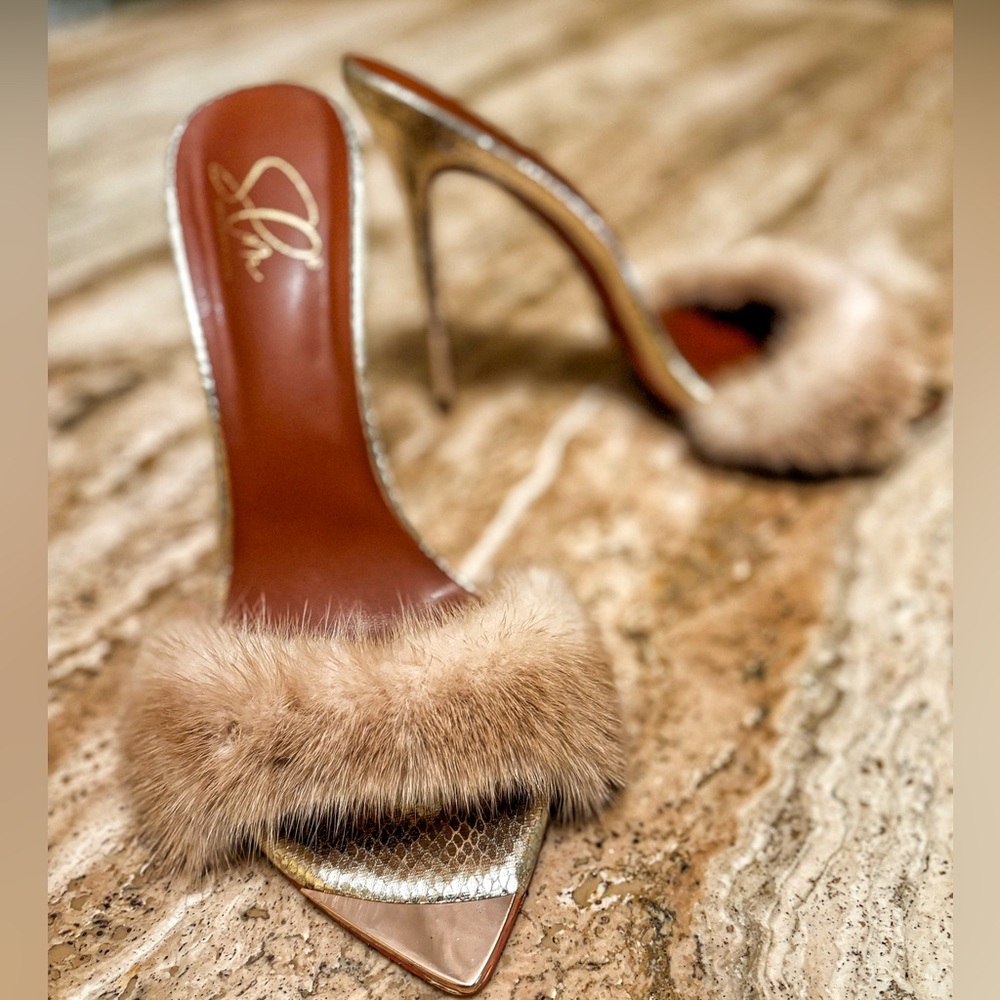 Goddess Fur Mule Heels | Champagne Gold